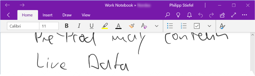 Screenshot of the simplified Ribbon in OneNote on Windows 10