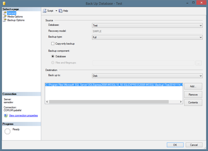 SQL Server Datenbank Sichern Dialog