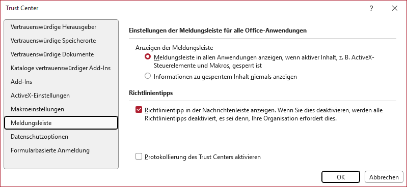 Screenshot des Meldungsleiste tabs im Microsoft Office Trust Center