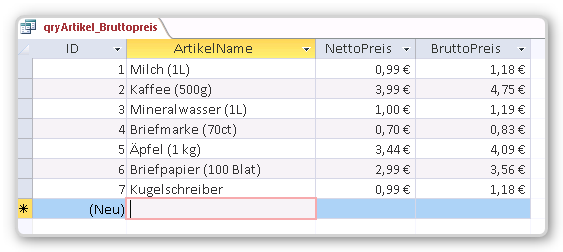 Abfrageergebnis mit Berechnung