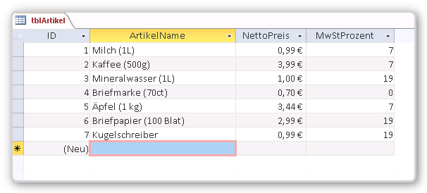 Basistabelle für Berechnung