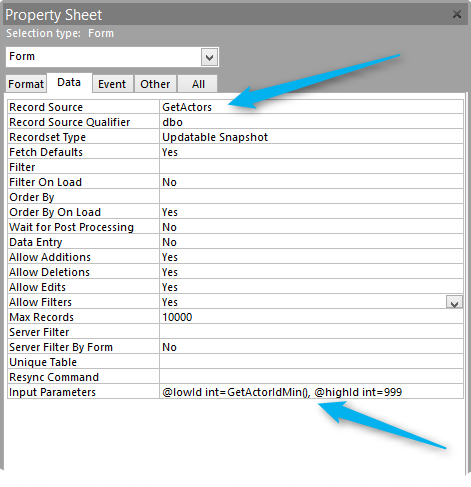 Properties of an Access Form for T-SQL Stored Procedure