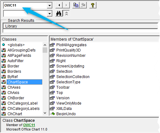 VBA Object Browser showing the Office Web Components ChartSpace-Object 