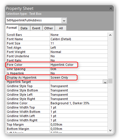 Form properties for hyperlink format