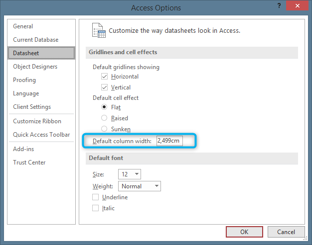 Access Options dialog showing the Default Column Width setting
