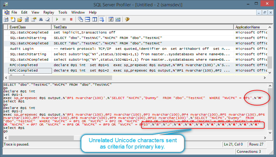 SQL Server Profiler displays the incorrect SQL causing the problem in Microsoft Access