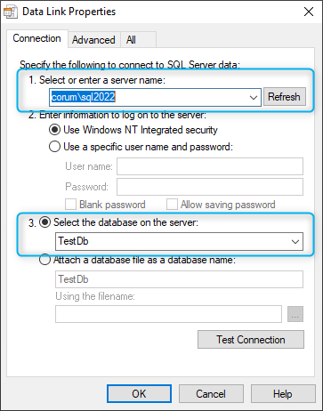 Screenshot of the Data Link Properties dialog of the ADP Connection showing the values for server name and database name of the ADP.