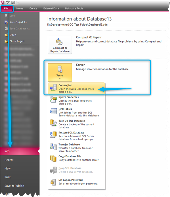 Screenshot of the Info Tab in Microsoft Access for an ADP showing the commands for server related features.