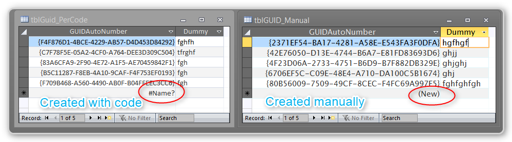Access Table datasheet, comparing GUID columns