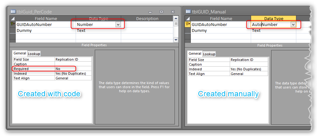 Access Table designer, comparing GUID columns 