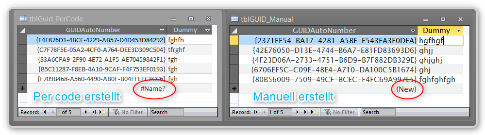 Access Datenblatt, Vergleich GUID Spalten