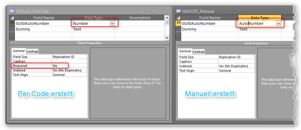 Access Tabellenentwurf, Vergleich GUID Spalten 