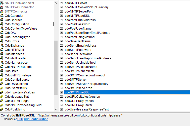 CDO Library in VBA Object Browser displaying the Configuration module