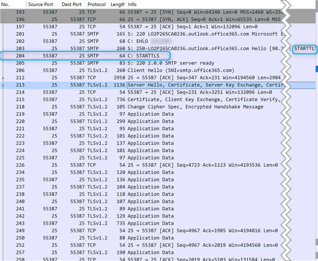 TCP Trace of a CDO Connection showing the STARTTLS option being offered by the server and the STARTTLS command beeing issued by the client.