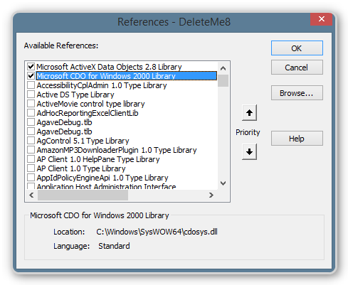 Screenshot der VBA Verweise mit der hinzugefügten CDO Bibliothek