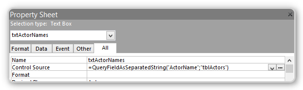 screenshot property sheet, usage of the function in the ControlSource of a textbox