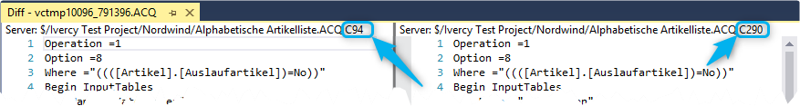 vsDiffMerge in Visual Studio displaying version info