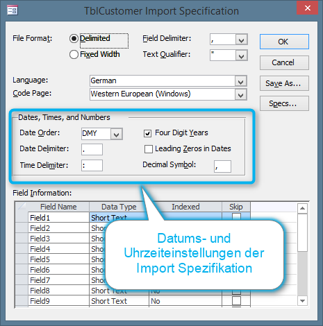 Dateum, Zeit and Nummer Einstellungen in Access Dateiimport Spezifikation