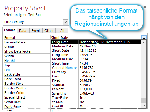 Vordefinierte Formate im Access Eigeschaftenblatt