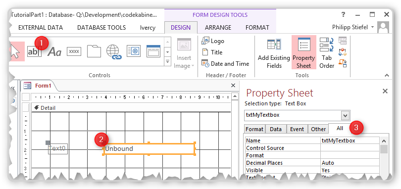 Screenshot of Access Form Design with Textbox