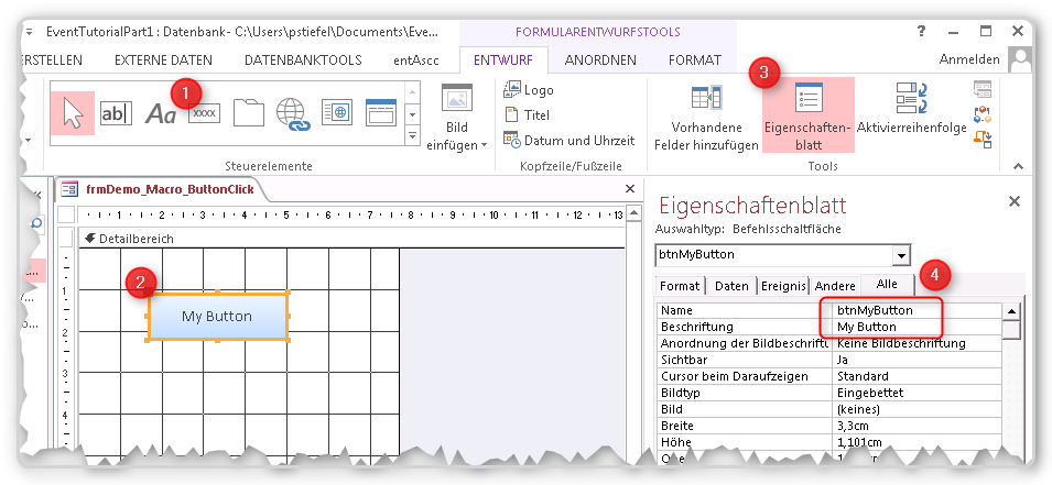 Screenshot eines Access Formulars in der Entwurfsansicht