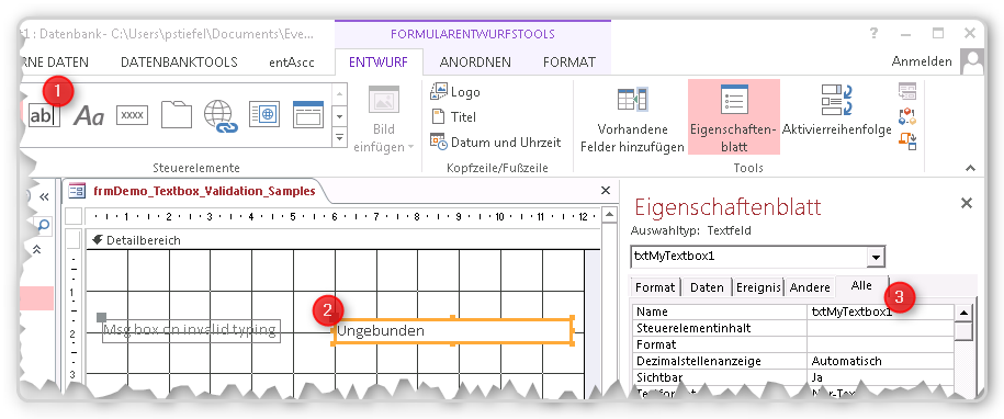 Entwurfsansicht eines eines Access Formulars mit dem Eigenschaftsblatt