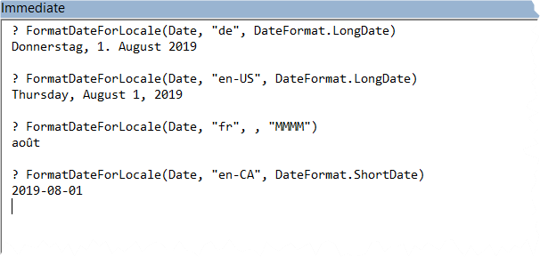Sample output from the FormatDateForLocale function in the Immediate Pane