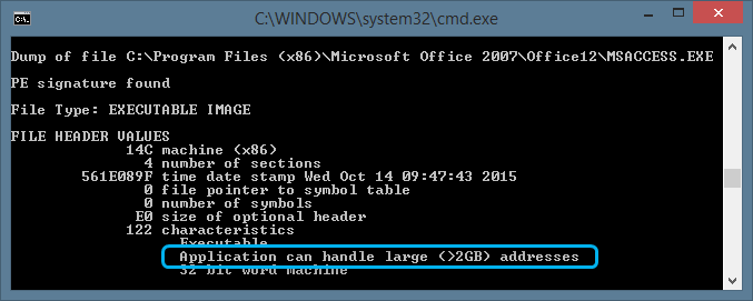 screenshot of dumpbin showing large address awareness enabled