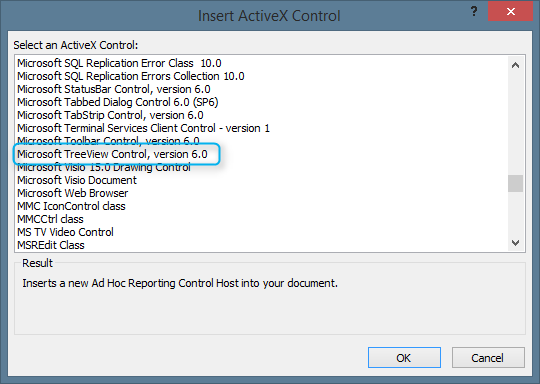 Insert ActiveX dialog showing Microsoft TreeView Control in Access 2013 64bit