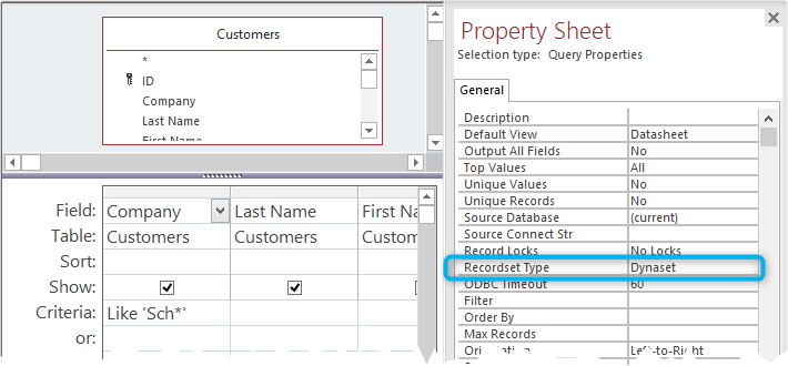 RecordsetType Eigenschaft in Access Abfrage Entwurfsansicht