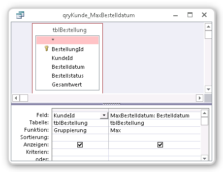 Entwurf Auswahlabfrage mit MAX