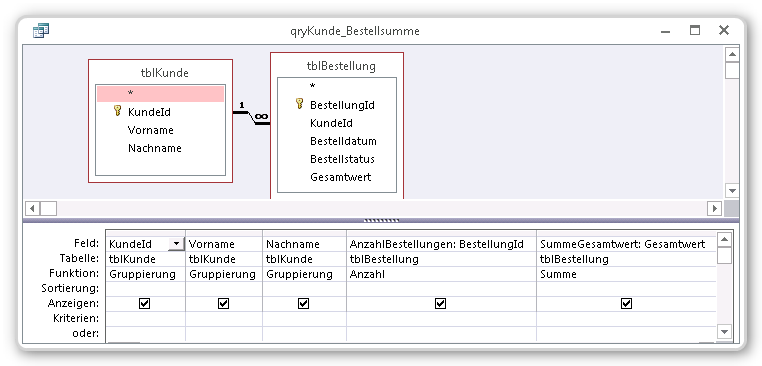 Entwurfsansicht einer Auswahlabfrage mit Summe und Anzahl