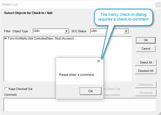 Comment required message in Ivercy check-in dialog