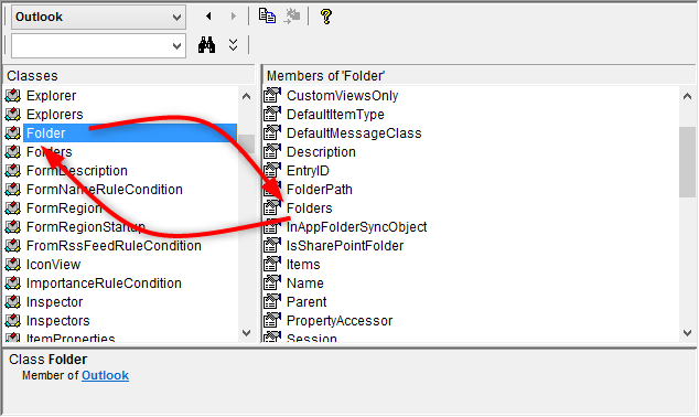 Outlook Folder zu Folders Beziehung im VBA Object Browser Fenster illustriert