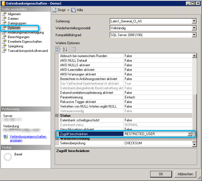 Zugriffsbeschraenkung für eine SQL Server Datenbank