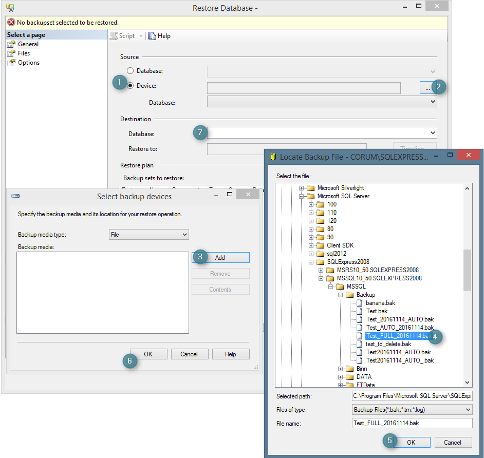Numbered steps to restore a SQL Server Database from Backup