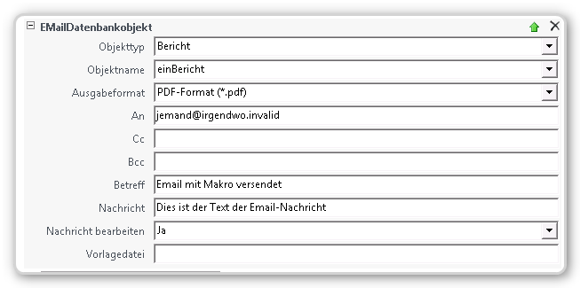 Screenshot der EMailDatenbankobjekt Makro-Aktion