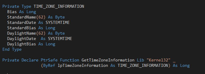 API declaration of the GetTimeZoneInformation function and the TIME_ZONE_INFORMATION type in VBA