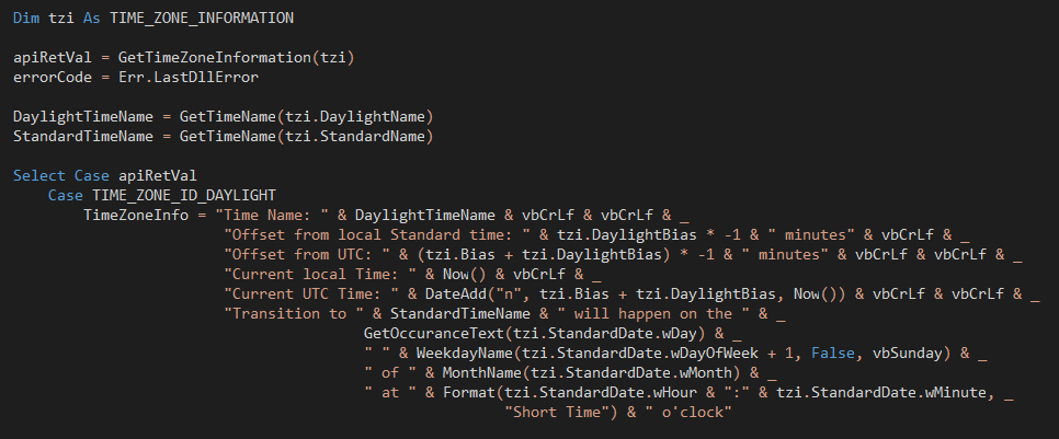 String concatenation to create the time zone information message in VBA