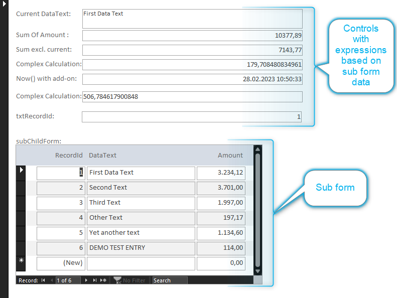 The layout of the parent to sub form relation in Access Form View