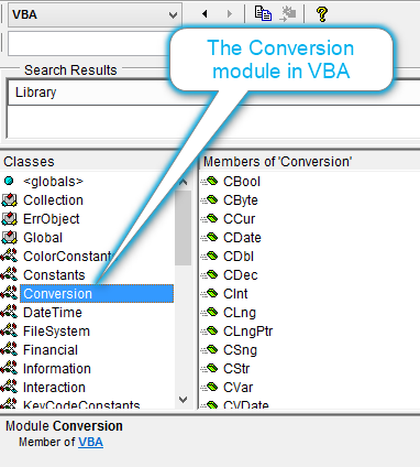 The list of data type conversion functions in the Conversion module of the VBA standard library displayed in the Object Browser