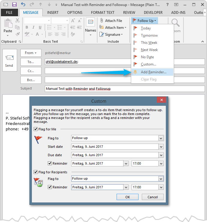 Setting follow-up manually for Outlook email