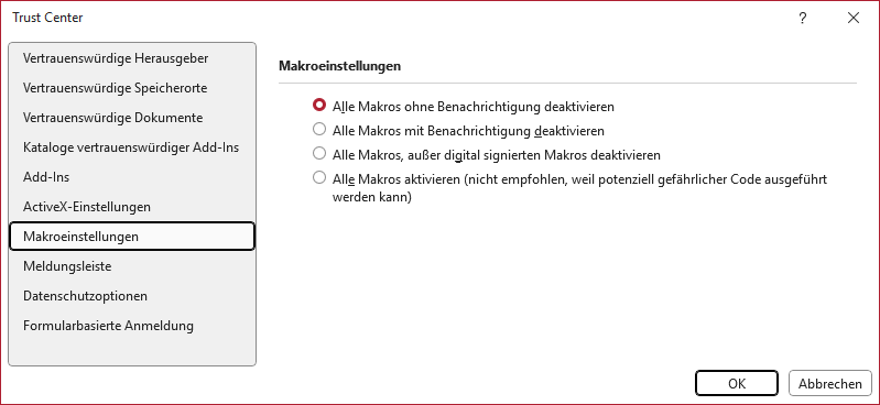 Screenshot des Makroeinstellungen Tab im Microsoft Office Trust Center