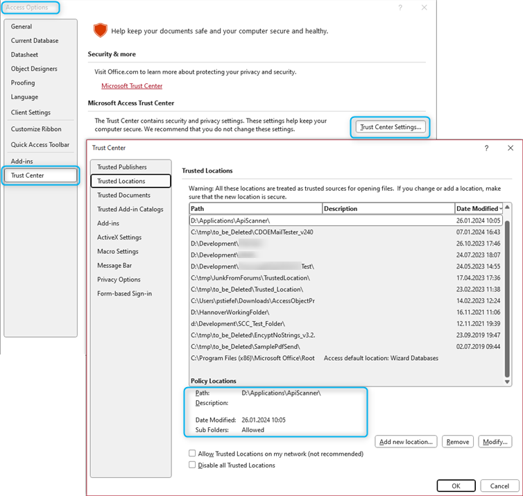 Microsoft Office Trust Center - Trusted Locations dialog