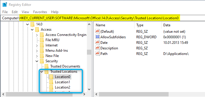 Trusted Locations in the Windows Registry Editor (regedit)