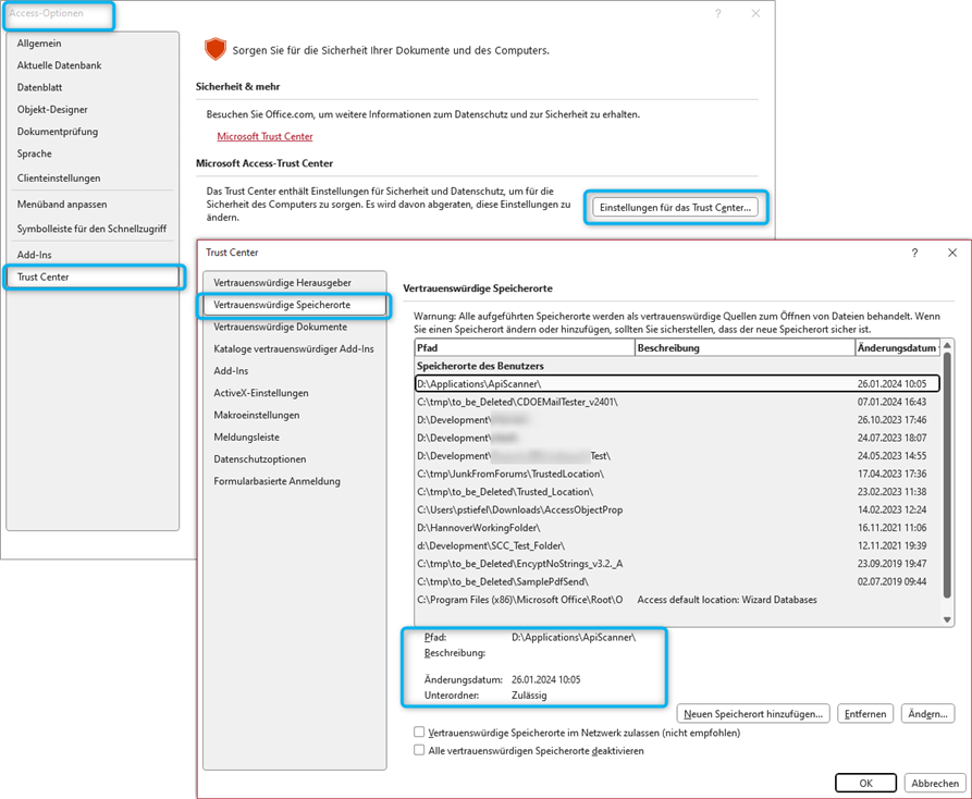 Microsoft Office Trust Center - Vertrauenswürdige Speicherorte Dialog