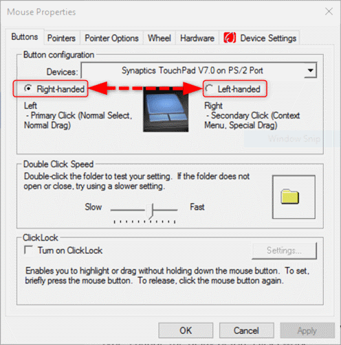 Button configuration in Mouse Properties for Synaptics Touchpad